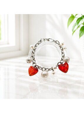 Vintage Red Heart Charm Bracelet With Silver & Pearl Beads Toggle Clasp 7.5 Inch
